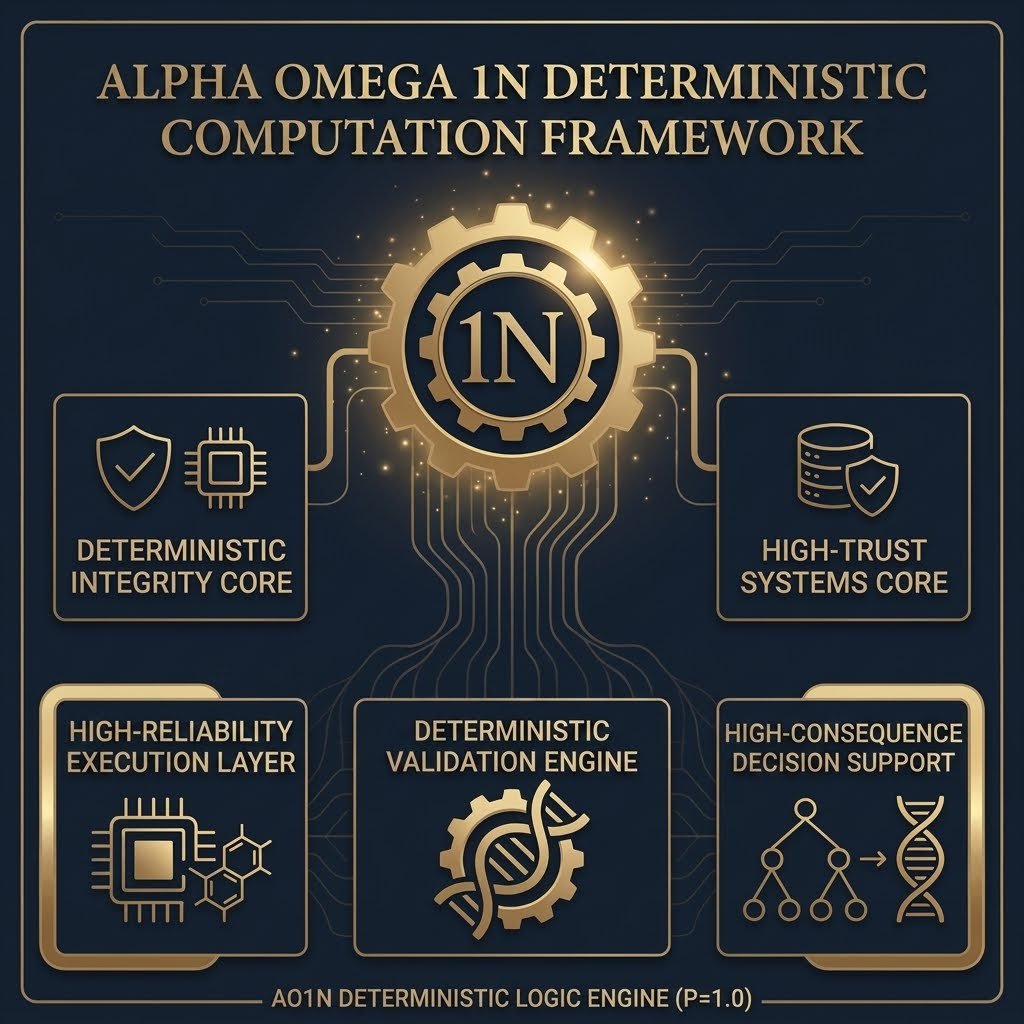The 1N proprietary platform architecture diagram: a central emblem feeding a Deterministic Integrity Core and High-Trust Systems Core, above a Computational Framework, Genomic Coherence Module, and Logic–Molecule Model — the convergence of computational and biological systems.