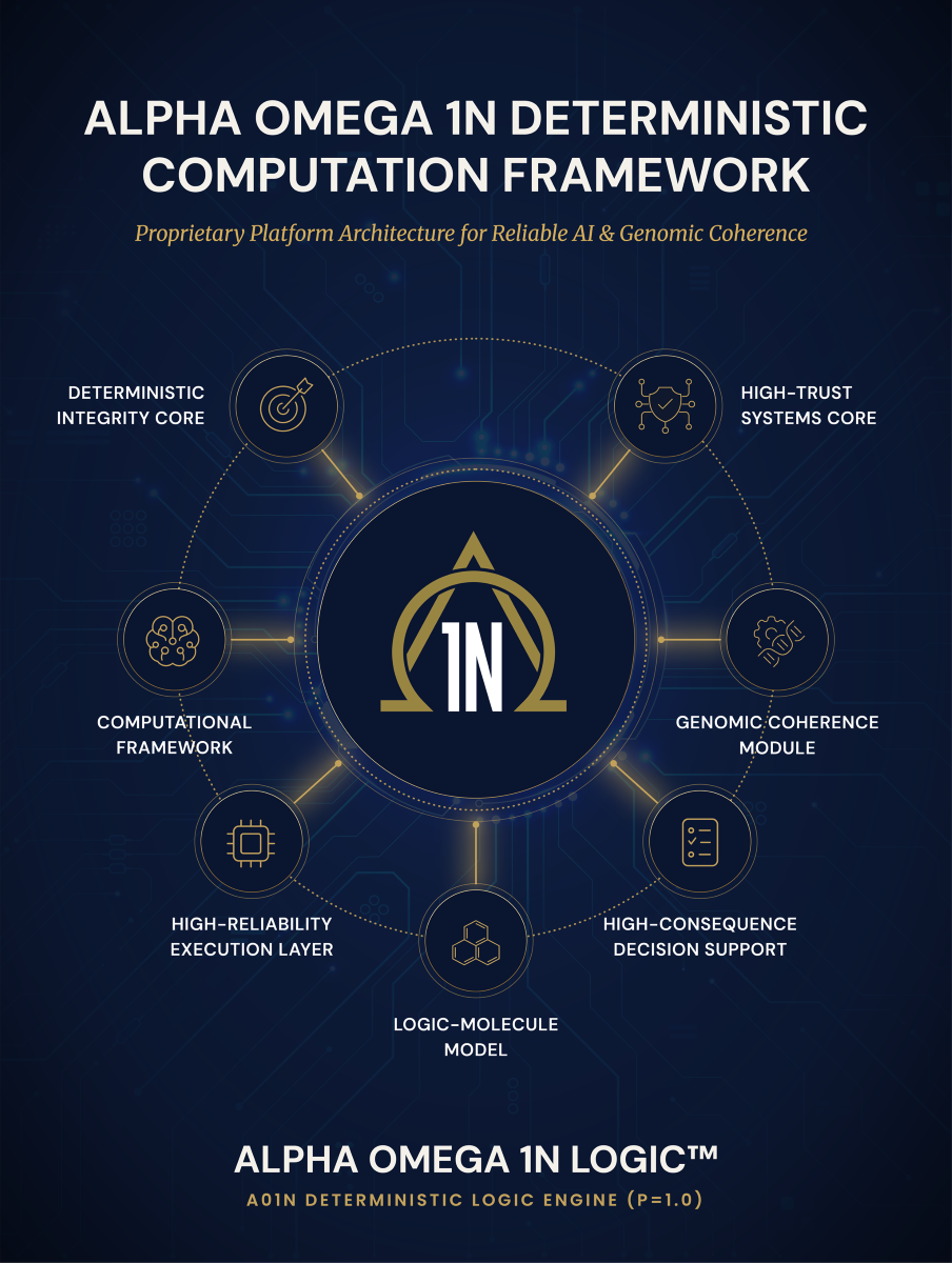 Alpha Omega 1N Deterministic Computation Framework — proprietary platform architecture for reliable AI and genomic coherence: the central 1N emblem connected to a Deterministic Integrity Core, High-Trust Systems Core, Computational Framework, Genomic Coherence Module, High-Reliability Execution Layer, High-Consequence Decision Support, and Logic–Molecule Model.