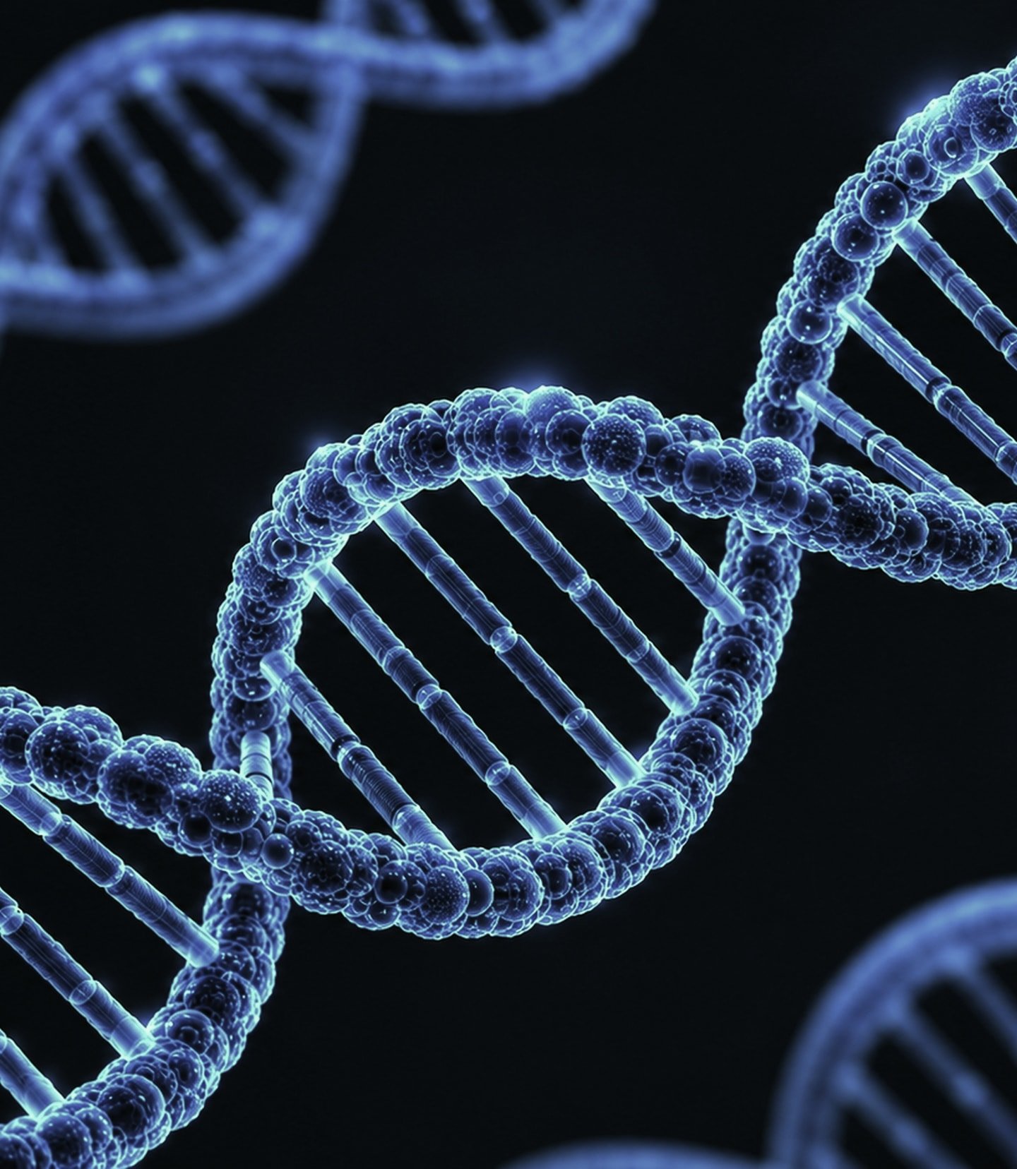 Glowing blue DNA double helix symbolizing foundational genomic restoration.